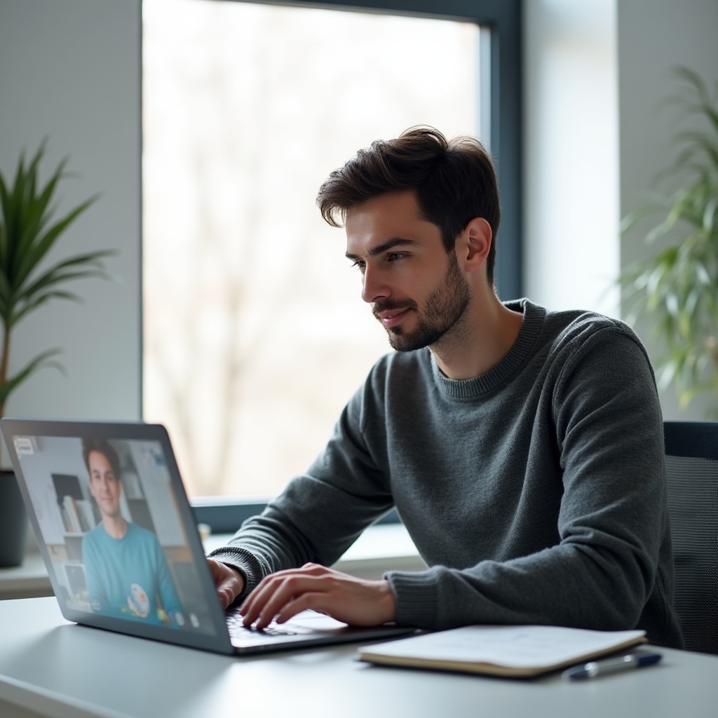 Profesionist participând la curs de engleză online pe laptop