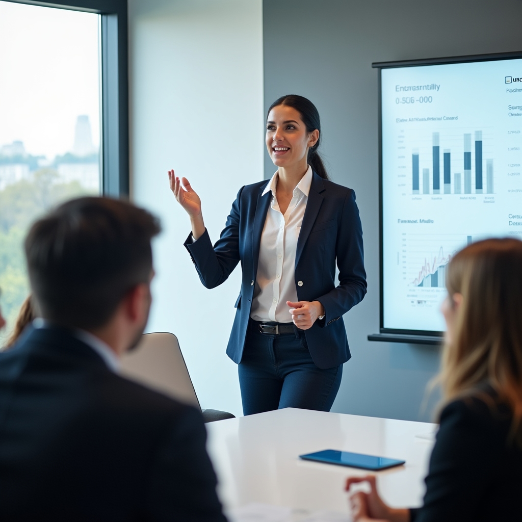 Profesionist prezentând în engleză la o întâlnire de business